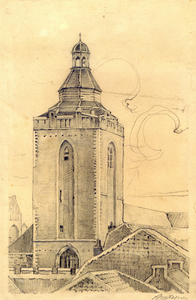 37411 Gezicht op de toren van de Buurkerk te Utrecht uit het zuidwesten.